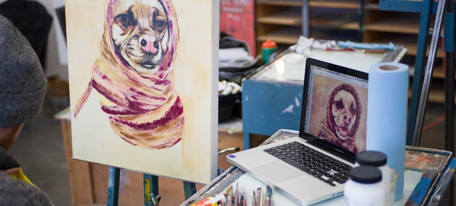 Student Painting pic of dog from computer
