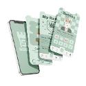 Four layered phone screens showing an app with a green background