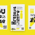 A poster for free hygiene products with black stylized text and yellow objects in the background