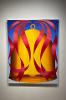 a panting of a bell on a blue background with red ribbons swirling around it.
