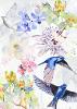 blue birds in flight surrounded by flowers. Done in oil paint 