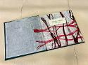 The first page of a handcrafted artist book including the title which reads "BINARY WOODS joshua p collins." There is minimal print work, only two overlapping river patterns in dark brown and lighter red.