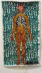 An assemblage on unstretched canvas, primarily paint with flourishes of thread and adhesive rhinestones. The background is the phrase "nervous system" repeated in pine green letters with a near life-size red figure with yellow nerves that fall off the canvas as string. "Nerves" in black letters and black string is located in the bottom right.